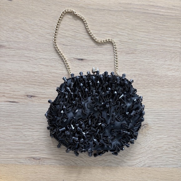 Handbags - Black Beaded Clutch Purse, Kiss Lock, Gold Shoulder Chain Strap, Lined